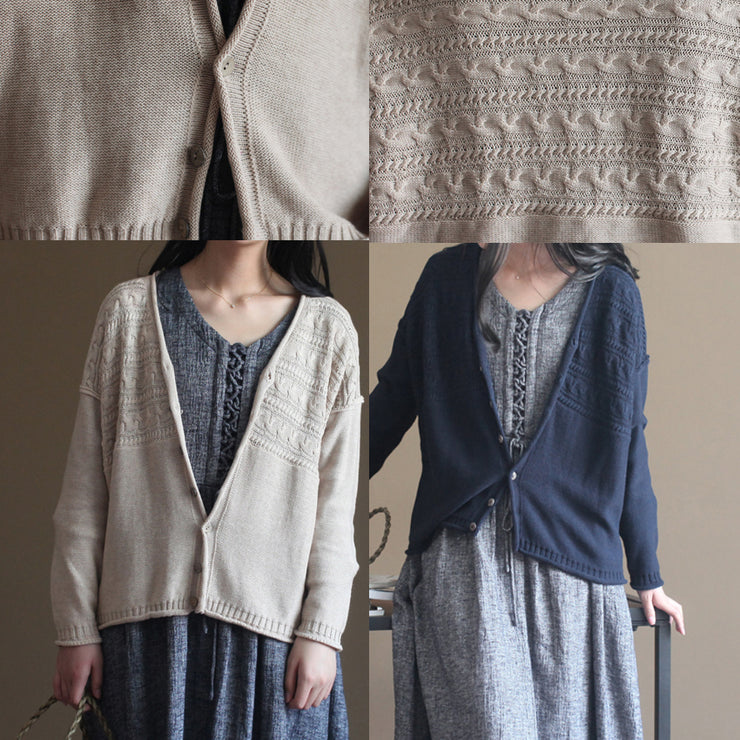 autumn v neck vintage cotton knit cardigans plus size casual navy sweater tops