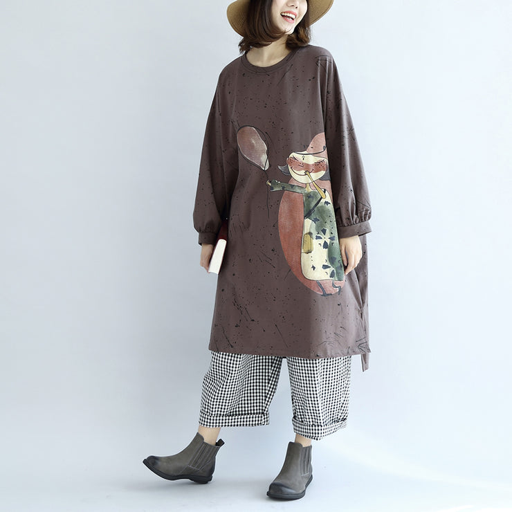 autumn warm khaki cartoon print cotton dresses plus size lantern sleeve pullover dress
