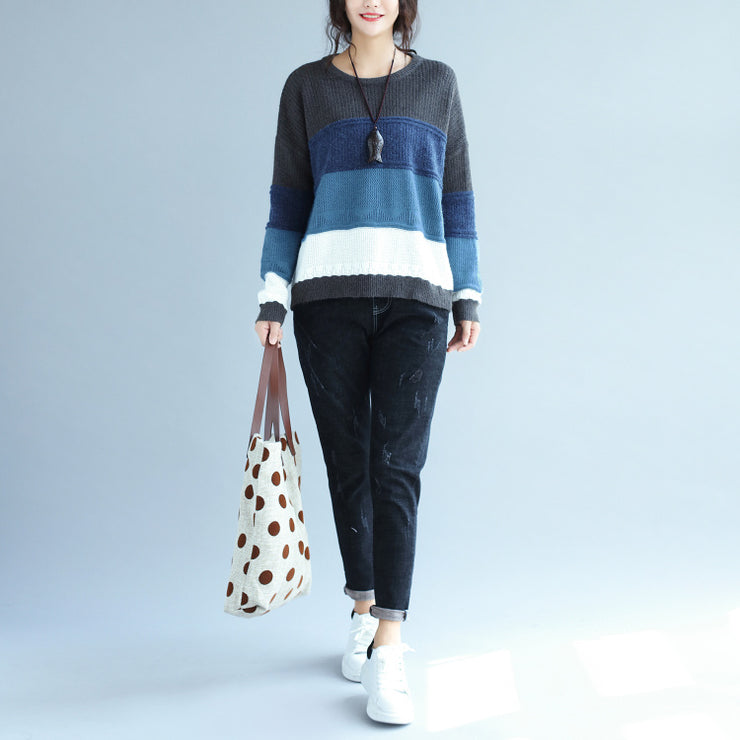 autumn winter patchwork woolen knit tops plus size casual blue gray striped sweater