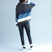 autumn winter patchwork woolen knit tops plus size casual blue gray striped sweater