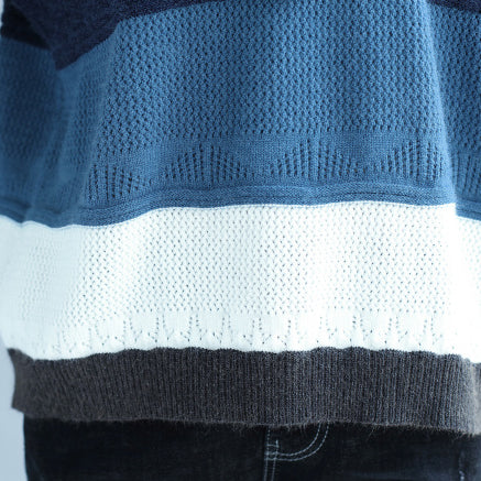 Herbst-Winter-Patchwork-Wollstrickoberteile plus Größe lässiger blaugrau gestreifter Pullover