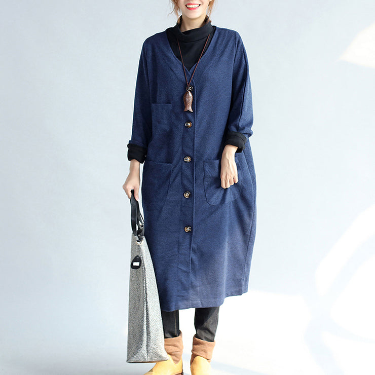 Herbst Winter warme marineblaue Trenchcoats aus Wolle lockere Taschen V-Ausschnitt Strickjacken