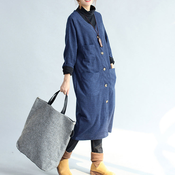 Herbst Winter warme marineblaue Trenchcoats aus Wolle lockere Taschen V-Ausschnitt Strickjacken