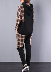 autumn women black patchwork khaki plaid hooded tops and casual pants two pieces - SooLinen