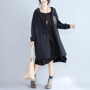 Herbst Frauen druckt schwarze Baumwollstrickjacke Oversize Fashion Fit Trenchcoat mit Kapuze