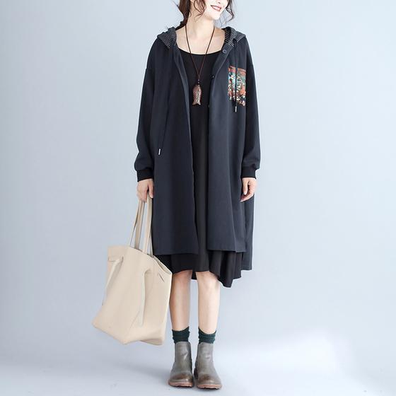 Herbst Frauen druckt schwarze Baumwollstrickjacke Oversize Fashion Fit Trenchcoat mit Kapuze