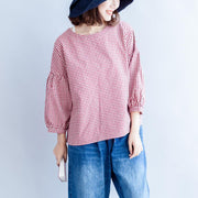 back button cotton t shirt oversize casual red white grid long sleeve tops
