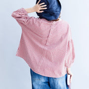 Baumwoll-T-Shirt mit Rückenknopf, übergroße, lässige, rot-weiße Gitter-Langarm-Oberteile