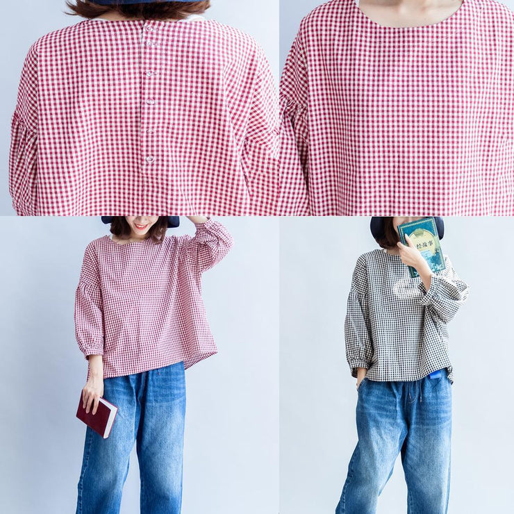 Baumwoll-T-Shirt mit Rückenknopf, übergroße, lässige, rot-weiße Gitter-Langarm-Oberteile