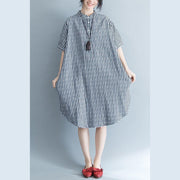 baggy Plaid natural cotton dress trendy plus size cotton clothing dresses Elegant short sleeve Stand cotton clothing