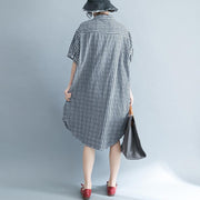 Baggy Kariertes Kleid aus natürlicher Baumwolle Trendige Kleider aus Baumwolle in Übergröße Kleider Elegante Kurzarm-Stand-Baumwollkleidung