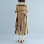 baggy Tencel Chiffon summer dress plus size Short Sleeve Round Neck Pockets Stripe Pleated Slit Dress