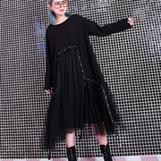 baggy black casual fall dresses patchwork tulle asymmetrical design women O neck Rivet knee dresses