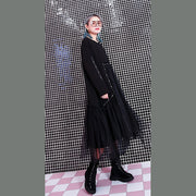 Baggy Black Casual Herbstkleider Patchwork Tüll asymmetrisches Design Frauen O Hals Rivet Kniekleider