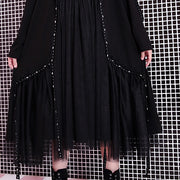 baggy black casual fall dresses patchwork tulle asymmetrical design women O neck Rivet knee dresses