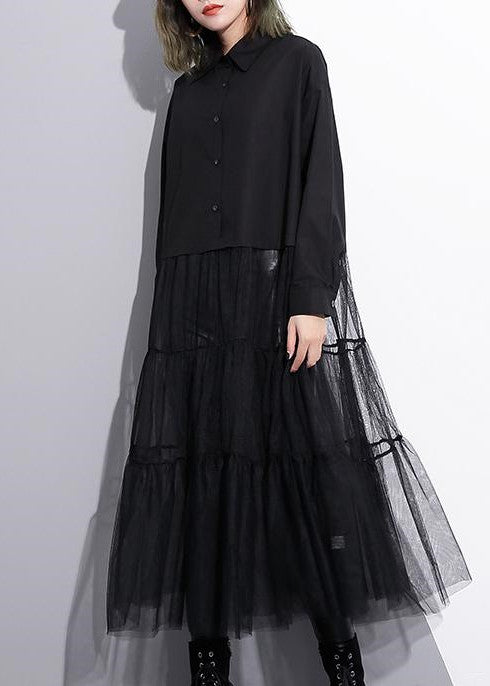 Baggy Black Cotton Dress Casual Patchwork Tulle Clothing Dresses New Lapel Collar Kaftans