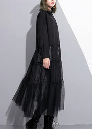 Baggy Black Cotton Dress Casual Patchwork Tulle Clothing Dresses New Lapel Collar Kaftans