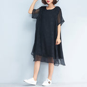 baggy black floral chiffon knee dress oversized traveling clothing Elegant short sleeve layered chiffon dress