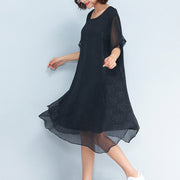 baggy black floral chiffon knee dress oversized traveling clothing Elegant short sleeve layered chiffon dress
