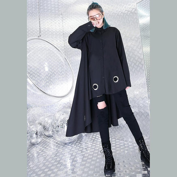 baggy black knee dress trendy plus size cotton dress asymmetrical design vintage Peter pan Collar clothing dress