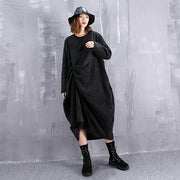 baggy schwarzes Maxikleid lässiges O-Ausschnitt Reisekleid feine asymmetrische Kleider