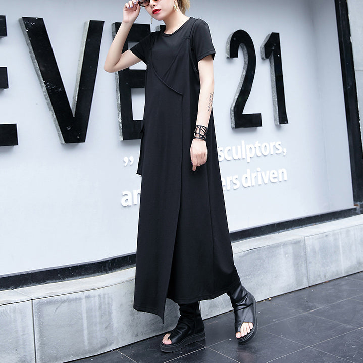 baggy schwarzes natürliches Baumwollkleid trendiges Freizeitkleid in Übergröße Vintage einseitig langer Saum ärmelloses Baumwollkleidungskleid