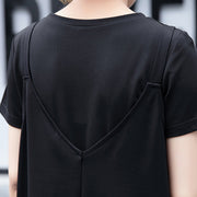 baggy schwarzes natürliches Baumwollkleid trendiges Freizeitkleid in Übergröße Vintage einseitig langer Saum ärmelloses Baumwollkleidungskleid