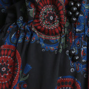 Baggy Black Print natürliches Baumwollmischkleid plus Größenkleidung O Hals Taschen Baumwollmischkleid Boutique Langarm Krawatte Taille Herbstkleid