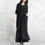 weite schwarze Bluse aus reiner Baumwollmischung plus Größe zweiteilig Neue asymmetrische Jacquard-Tops mit langen Ärmeln und O-Ausschnitt