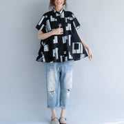 baggy black pure cotton tops trendy plus size linen maxi t shirts boutique Stand short sleeve striped clothing tops