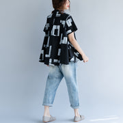 baggy black pure cotton tops trendy plus size linen maxi t shirts boutique Stand short sleeve striped clothing tops