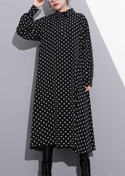 baggy black silk dresses plus size dotted silk clothing dress New stand collar cotton caftans