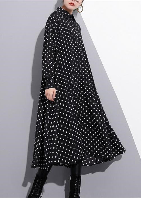 baggy black silk dresses plus size dotted silk clothing dress New stand collar cotton caftans