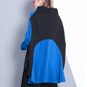 baggy blue cotton blended tops plus size clothing Turtleneck pockets Elegant Batwing Sleeve patchwork cotton blended tops