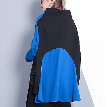 baggy blue cotton blended tops plus size clothing Turtleneck pockets Elegant Batwing Sleeve patchwork cotton blended tops