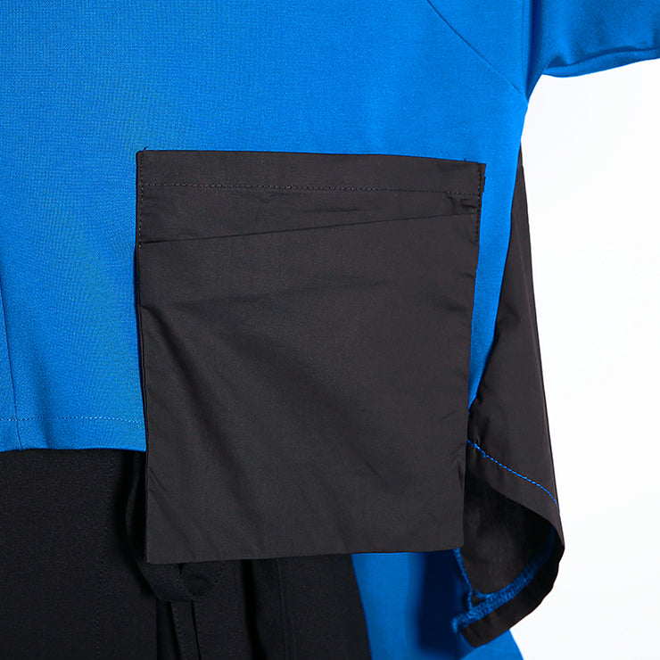 weite blaue Oberteile aus Baumwollgemisch Kleidung in großen Größen Rollkragentaschen Elegante Fledermausärmel-Patchwork-Oberteile aus Baumwollgemisch