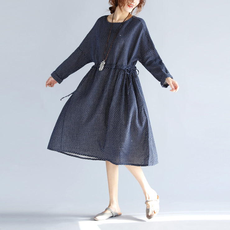baggy blue cotton linen knee dress plus size traveling clothing 2018 long sleeve large hem O neck dotted knee dresses