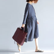 Baggy Blue Cotton Leinen Kniekleid plus Größe Reisekleidung 2018 Langarm großer Saum O-Ausschnitt gepunktete Kniekleider