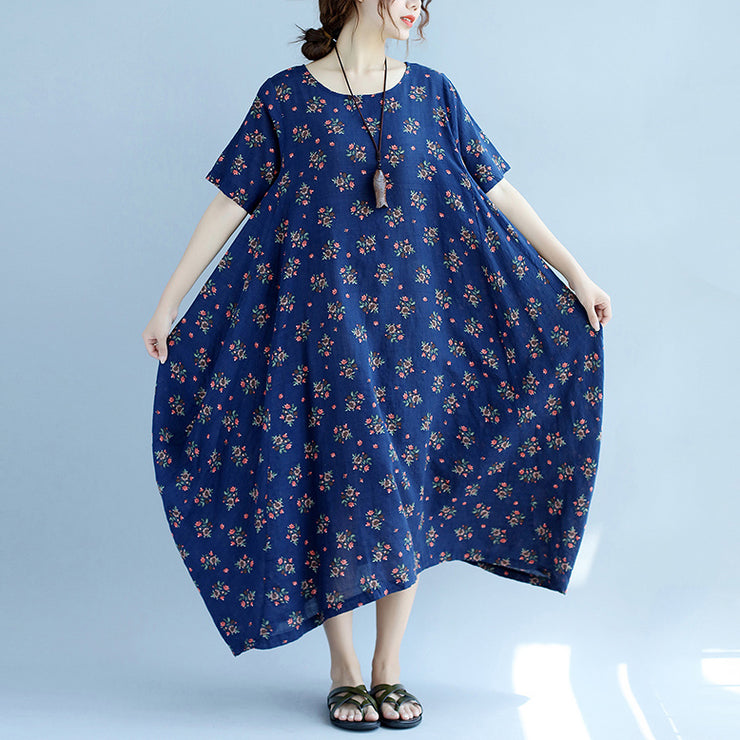 baggy blue floral cotton dresses oversize short sleeve cotton dresses vintage big hem gown