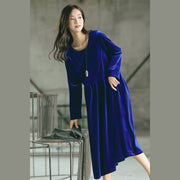 Baggy Blue Natural Plus Size O-Neck-Kleid, feine Baggy-Kleider
