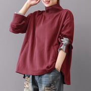 baggy burgundy Midi-length cotton t shirt plus size traveling blouse vintage long sleeve high collar cotton clothing