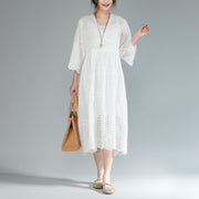 baggy Baumwoll-Sommerkleid plus Größe zweiteiliges Set mit V-Ausschnitt, Dreiviertelärmeln, weißes Kleid