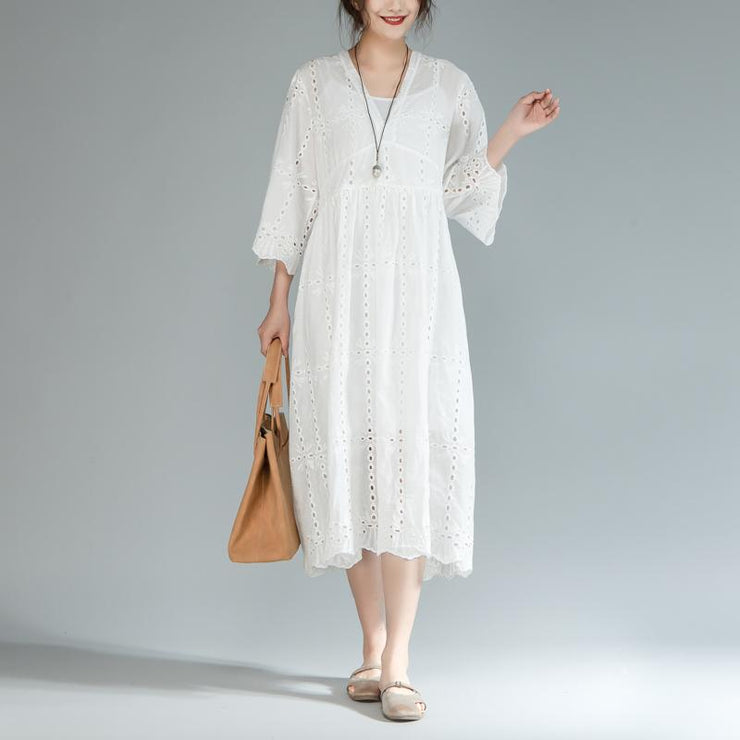 baggy Baumwoll-Sommerkleid plus Größe zweiteiliges Set mit V-Ausschnitt, Dreiviertelärmeln, weißes Kleid