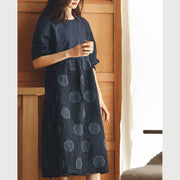 baggy dark blue dotted cotton linen dress trendy plus size o neck baggy dresses Fine long sleeve dresses