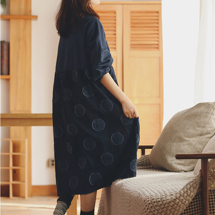 ausgebeultes dunkelblaues gepunktetes Baumwoll-Leinen-Kleid trendige Übergröße O-Ausschnitt Baggy-Kleider Feine langärmlige Kleider