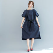 baggy dark blue long cotton dresses plus size o neck tie waist caftans vintage short sleeve dresses