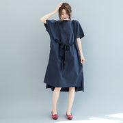 baggy dark blue long cotton dresses plus size o neck tie waist caftans vintage short sleeve dresses