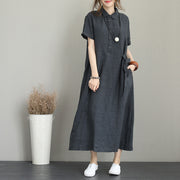 baggy dark gray long linen dresses casual side tie waist maxi dress Elegant lapel collar linen caftans
