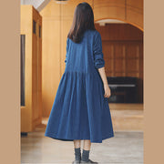 baggy denim blue long cotton linen dresses casual Turn-down Collar tie waist traveling dress fine long sleeve baggy dresses