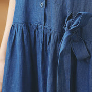 baggy denim blue long cotton linen dresses casual Turn-down Collar tie waist traveling dress fine long sleeve baggy dresses
